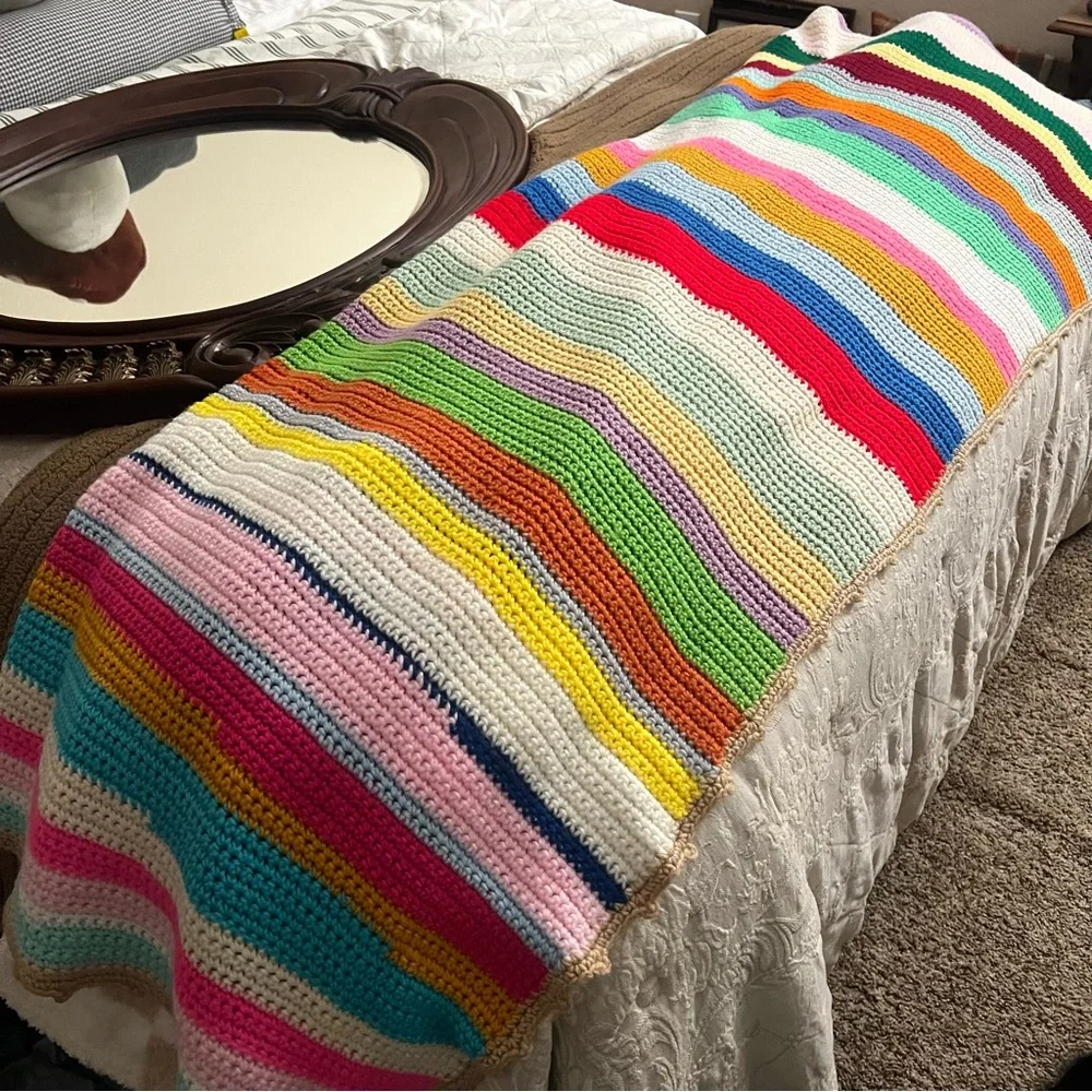 Handmade Crochet Knit Rainbow Stripe Throw Blanket for Bed or Couch Afghan